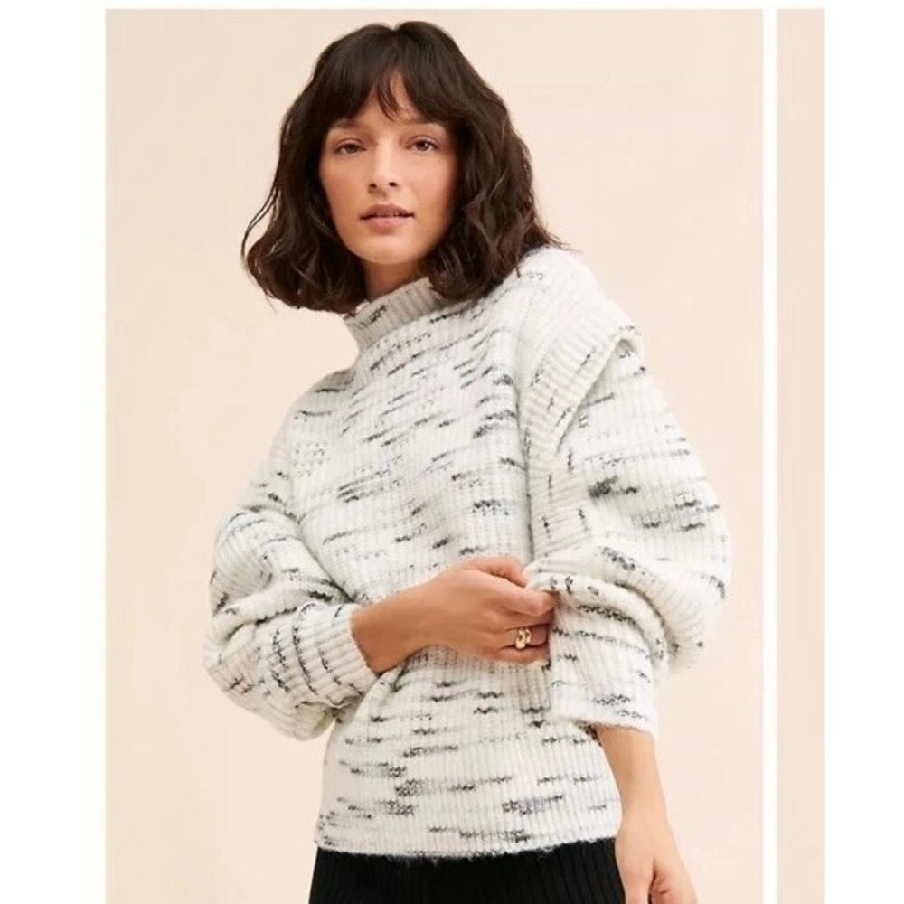 Varley Belgrave Knit Sweater Funnel Neck Dramatic Sleeve Black/White